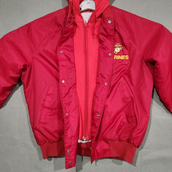VTG United States Marine Corps USMC Mens Hooded Lined Red Satin Bomber Jacket - Picture 10 of 13